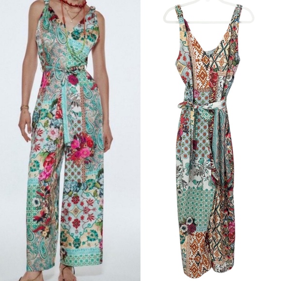 Zara Patchwork Wide Leg Jumpsuit Sz L - Picture 1 of 15